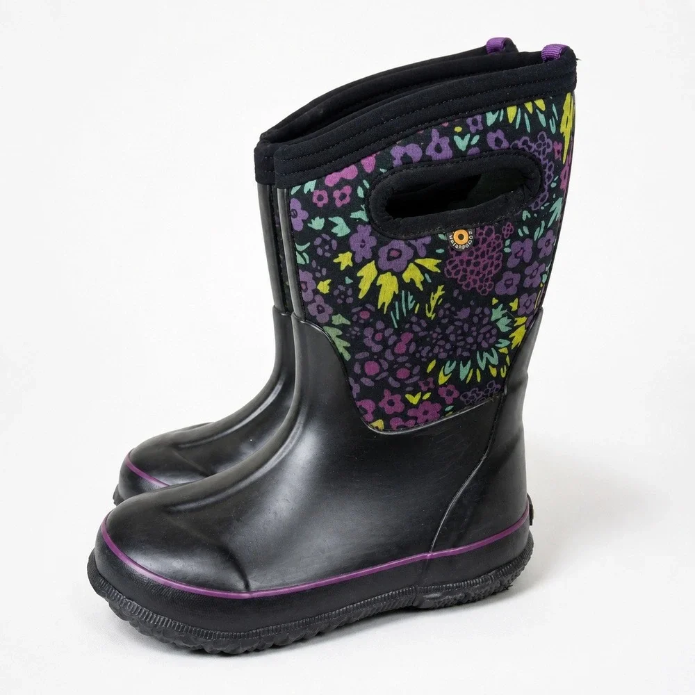 Bogs Rain Snow Boots Girls 11 Black Purple Floral Waterproof‎ Insulated Winter